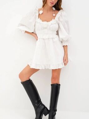 Just Me White Puff-Sleeve Smocked Mini Dress